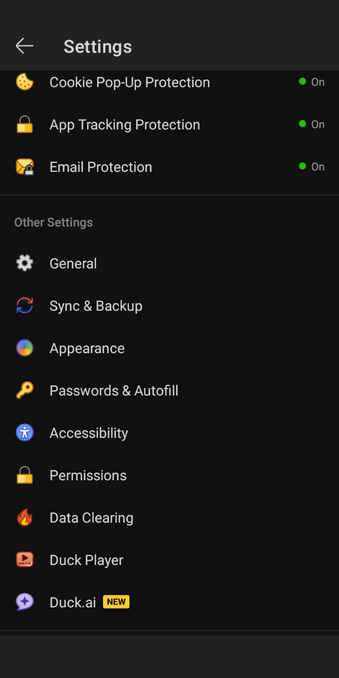 the DuckDuckGo settings that come up when you firstly tap the "three dots" near the top-right on the usual search page - then secondly tap on that menu's settings option at the bottom - this screengrab shows the actual A I settings link near the bottom of the image but the link is not the last item of this (third) menu