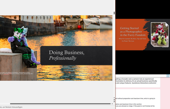 Screenshot of various open tabs, Powerpoint, Explorer and a Google Forms. Current presentation draft about professional photography as well as the old presentation held last year alongside the request to actually do the panel this year again, slightly improved/modified. As visual aids, fursuit photos are given.