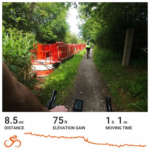 2 cyclists on a tow path passing a red narrowboat