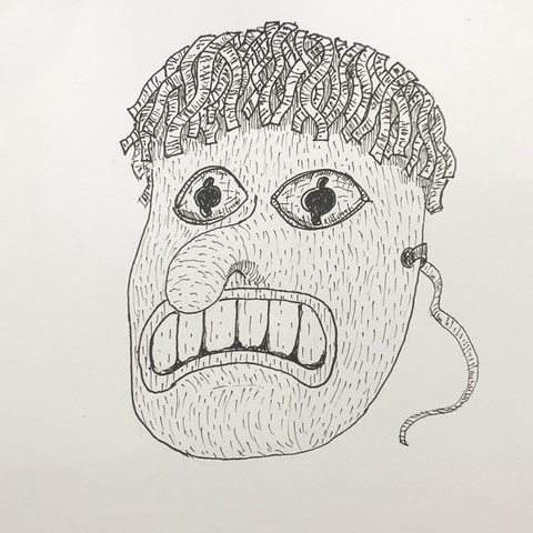Ink line drawing of a carved mask with ribbons for hair, staring eyes, a curved nose, and a grimacing mouth.