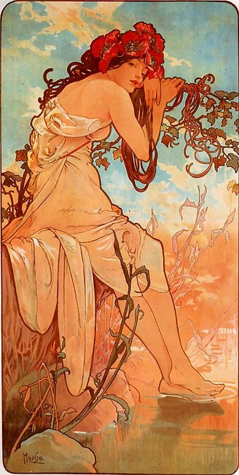1896 artwork by Alfons Mucha depicting a pretty young woman sitting at edge of a pond or lake.  She wears a gauzy white gown reminiscent of Classic Antiquity, has red poppy flowers in her hair, and is barefoot, one foot suspended just above the water and the other dipping her toes in.  Various flowering plants surround her; she leans her hands on one vine.