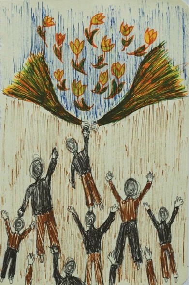 Image: drawing, possibly with markers; we see people dressed in black and brown, hands reaching up towards the sky, and a pair of hand and the top of head reaching down from the top of the page •“Exhibiting Artists: Safa Miqdad, Diabuah Chibuike Richard, Jose Ukachukwu  On Monday 16 June, join us in celebrating World Refugee Week with the launch of our Café Wall Exhibition, Impressions.  Impressions features the drawings by three artists from migrant backgrounds, and presents realistic portrayals of their lived experiences through self-portraits, depictions of significant persons, and details of daily life amidst adverse conditions.”