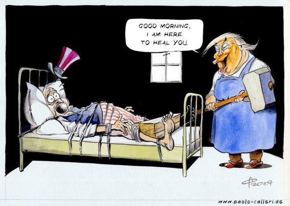 Caricature. 

Uncle Sam lies bound and gagged on a bed in a dark room with a wooden block clamped between his legs. #DonaldTrump stands at the end of the bed. He holds a giant hammer in his hands and addresses Uncle Sam: 
Good morning, I am here to heal you."

Source: 
https://mastodon.social/@p_calleri/114664474019488107