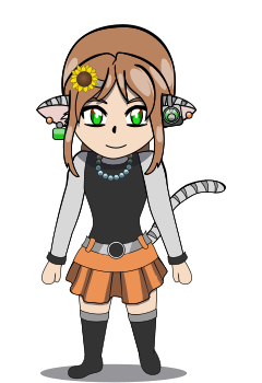 A chibi overworld “sprite” of Mi-ho. She has long light brown hair in a ponytail and has green eyes, silver tiger ears and a silver tiger tail, round orange earrings in both ears, a larger green earring in one ear, and a black and green earpiece in one ear. She has a sunflower hair clip,  is wearing a black and silver turtleneck sweater with a silver belt, an orange skirt with silver-trimmed black boots.