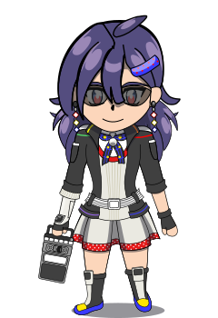 A chibi overworld “sprite” of Antares. She has layered medium-length blue-purple hair in a slightly spiky 1980’s inspired style and has blue eyes with red highlights (but is wearing sunglasses), dangling diamond-shaped earrings (based on the MultiFinder icon), and a red and blue polka dotted hair clip. She is wearing a black and white motorcycle jacket with rainbow trim along the top and bottom with a white belt with black stripes, and is wearing a Bauhaus-inspired outfit; a platinum beige minidress with red trim, and a black scarf that has a blue grid pattern with yellow polka dots, and is wearing a platinum beige gauntlet modeled after the Mac II hardware. She is carrying a tape recorder (based on the Macro Maker user interface) and is wearing black boots with beige, yellow and blue accents.