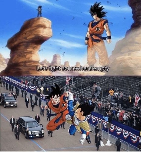 Two panel meme. Top panel image of Goku & Vegeta getting ready to battle, text reads 'Let's fight somewhere empty.'  Bottom panel of the empty dumper parade, lol.