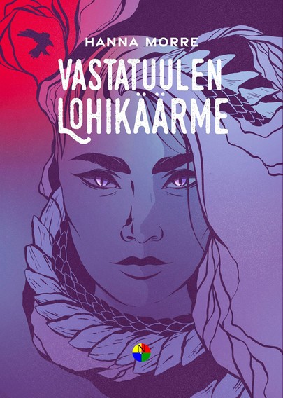 Hanna Morren romaanin Vastatuulen lohikäärme kansi. Violettisävyinen. Naisen kasvot, alapuolelle hänen kaulansa ympärille on kiertynyt lohikäärmeen häntä. Vasemmalla yläkulmassa punaisella taustalla musta korppi.