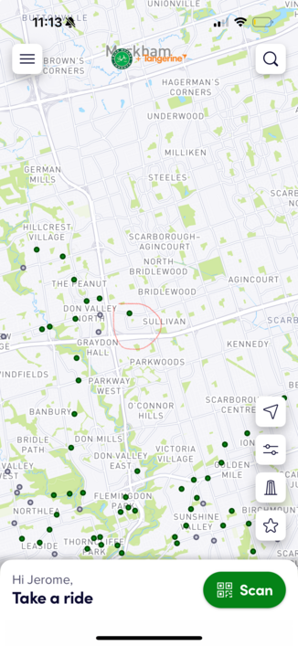 Dots on a map of north east Toronto. Shows the dock at Brian and Sheppard being circled