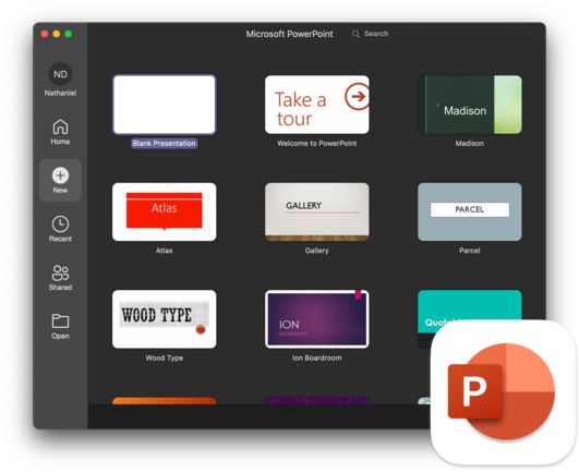 Screenshot of macOS PowerPoint new document from template window.
