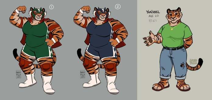 A colored sketch drawing of a big anthropomorphic female tiger. Flexing her bicep while her other hand is on her hip. She's wearing her green, red and white masked wrestling attire, complete with a short cape. Same pose in the Middle but she's wearing her blue, red and white masked wrestling attire. Lastly, on the right, she's wearing her casual outfit which is a lime green t-shirt, light wash jeans and sandals.
