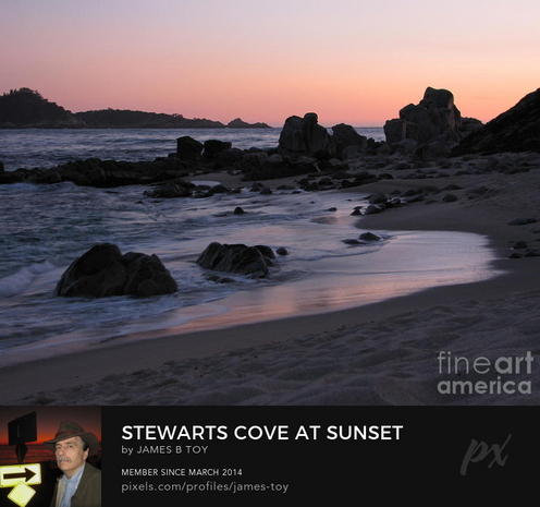 Stewart's cove at sunset, shows the rugged rocky shore of Carmel Point with Point Lobos in the background. A pink and peachy colored sky is reflecyed in the receding wave in the foreground.