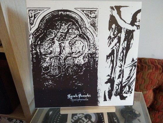 The “Antiphonals” vinyl. The screcn-printed cover depicts what looks like a detail from a gothic building. It’s in black and white.