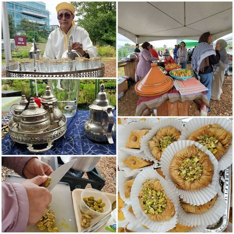 Collage composed of 4 quadrants; top left: a Moroccan man wearing a headdress pouring from a silver teapot into glasses. Background: modern glass building. Top right: outdoor market stall with people standing at a buffet under a white canopy. Mid-ground: tagine and food. Bottom left: close-up of hands cutting olives on a white cutting board. Bottom right: overhead shot of several baklava pastries in white paper cups. The colors of the image are warm and inviting.