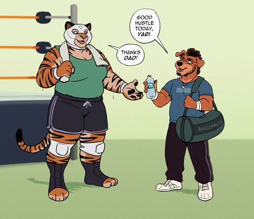A cartoon illustration of a masked female wrestler, an anthropomorphic tiger standing by a wrestling ring with a trans male anthropomorphic pitador dog. He is passing her a bottle of water while carrying a duffel bag.

(Dialogue)
Angelo: "Good hustle today, Yari"
Yarisbel: "Thanks, dad!"