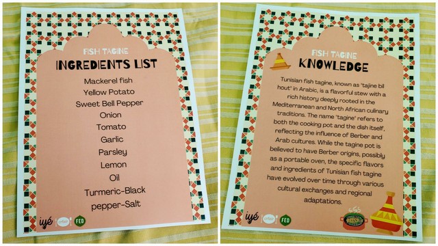 Two informational sheets about Fish Tagine placed side-by-side. The left sheet titled "Ingredients List" lists mackerel, yellow potato, sweet bell pepper, onion, tomato, garlic, parsley, lemon, oil, turmeric, black pepper, and salt. The right sheet, titled "Knowledge," details the stew's Tunisian origins and history. Both sheets have a pale pink background and are framed with a colorful geometric pattern of red, green, and black shapes. At the bottom, there are logos: “iyé”, “crfair”, and “FED”. The image is set against a striped golden-yellow cloth surface.
