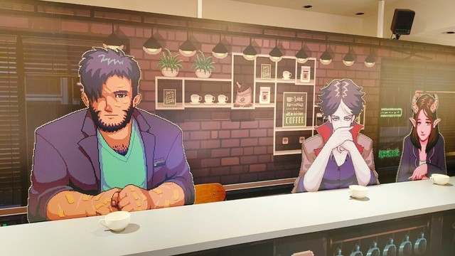 池袋の展示。ゲーム中のようにカウンターに並んで座るガラ、ハイド、ルアのパネル