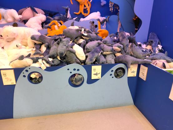 A photo from IKEA of Blåhaj (shark soft toys) display