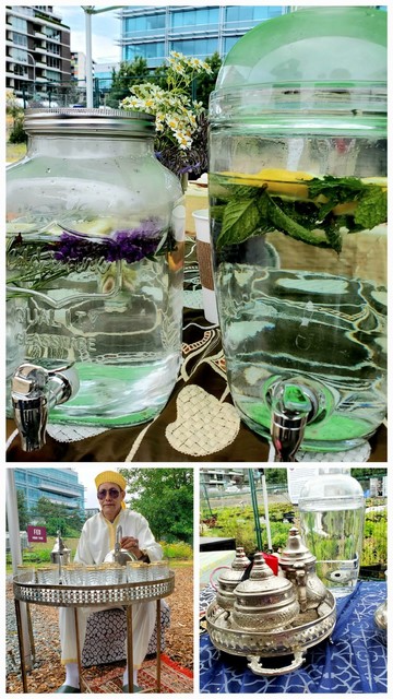 Collage of three images: Top shows glass jars of infused water with rosemary flowers & lemon & lemon & mint infused water. Bottom left has a person in traditional attire serving tea. Bottom right displays a set of ornate metal teapots on a tablecloth, conveying a cultural and refreshing outdoor setting.