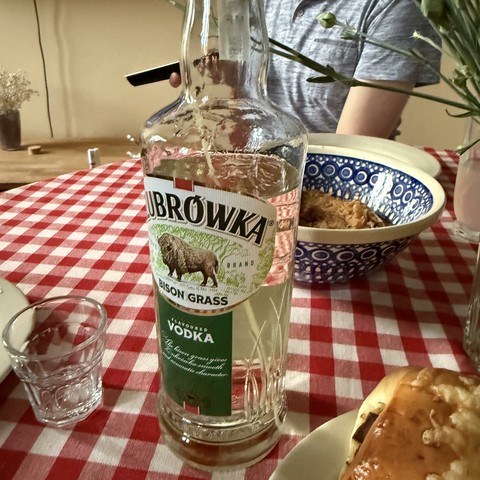 A glass bottle of vodka on a table covered with red and white cloth. In the bottle there is one thin piece of grass. The label on the bottle has an illustrated bison on it.