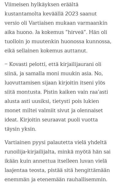 Tekstiä: mm. "Kovasti pelotti että kirjailijanurani oli siinä"