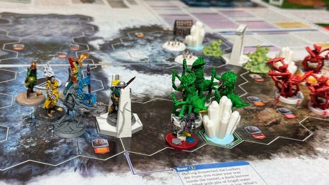 A game of Frosthaven in progress. Painted character minis on the left, painted monster minis on the right, along with some 3D printed terrain. If we play with lurkers again, I'll add some more detail to the hurried paint job.