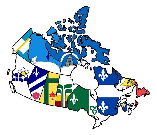 Une carte du Canada avec les drapeaux des communautés francophones surimposer sur chaque province.