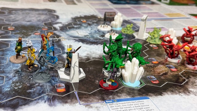 A game of Frosthaven in progress. Painted character minis on the left, painted monster minis on the right, along with some 3D printed terrain. If we play with lurkers again, I'll add some more detail to the hurried paint job.
