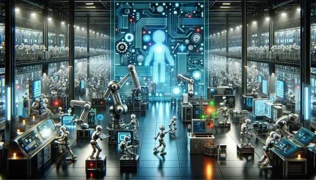 An AI drawing of an automated factory.
