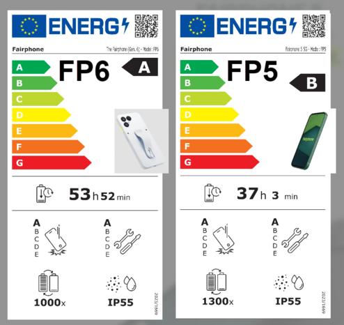 (left) Energy Label Fairphone 6: energy efficiency A, battery life 53:52, robustness A, repairability A, battery charging cycles 1000, IP55 water & dust protection.
(right) Energy Label Fairphone 5: energy efficiency B, battery life 37:03, robustness A, repairability A, battery charging cycles 1300, IP55 water & dust protection.

(C) This collage is made from pictures from the official fairphone.com webpage.