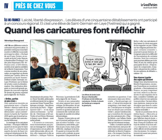 Le lycée Louis-Bascan à Rambouillet fait parler de lui dans la Presse | « Laïcité, liberté d’expression… Comment un concours de caricatures fait réfléchir les ados en Île-de-France » - Article complet rédigé par Véronique Beaugrand, publié le 04/06/2025 sur leparisien.fr