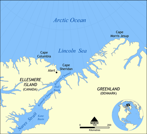 Map showing the location of the Lincoln Sea, part of the Arctic Ocean. Also shows Cape Columbia and Cape Morris Jesup. Created by NormanEinstein, May 30, 2006.