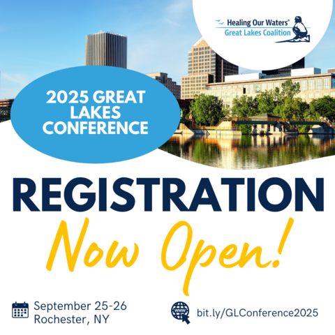 Rochester, New York skyline with text: 2025 Great Lakes Conference. September 25-26 in Rochester, NY. Registration now open! bit.ly/GLConference2025