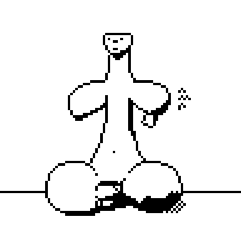 Dibujo pixelado en blanco y negro que representa una estatuilla del periodo prehispánico de Canarias con muslos y hombros abombados, cabeza plana, barriga de forma cónica, ausencia total de pechos y ombligo en la parte central. Las piernas parecen estar cruzadas delante del cuerpo.