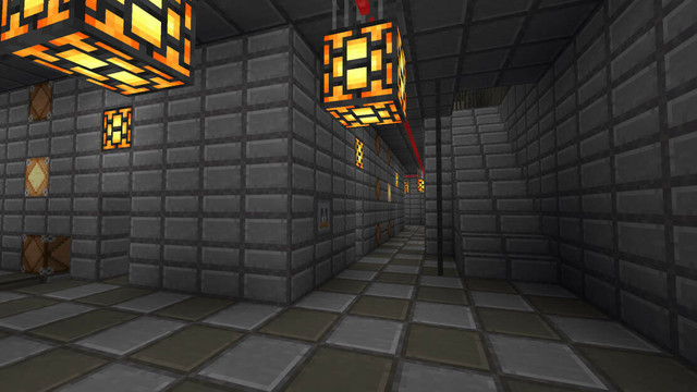 A stone walk way with yellow lantern hanging from the ceiling, a stairway, a checkerboard floor and a red laser floating above the player’s head.