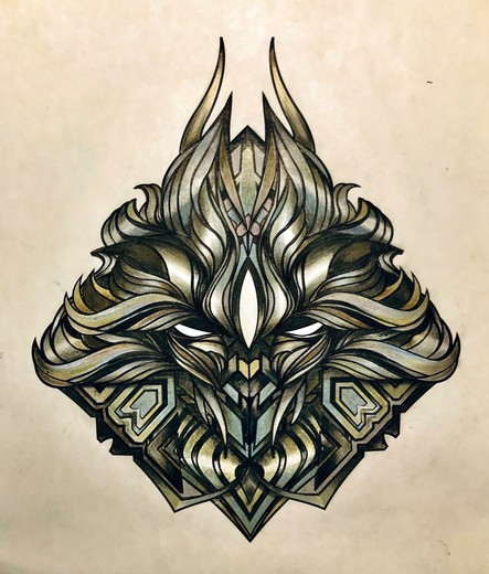 Vector art blueprint drawing of symmetrical face representing a stylized oni demon face or mask. Flowing organic shapes extend outwards from the central third eye and horns rise from the top of the head. This version has been traditionally coloured with varying shades of  blue-green and gold-brown metallic and earth coloured pencils.