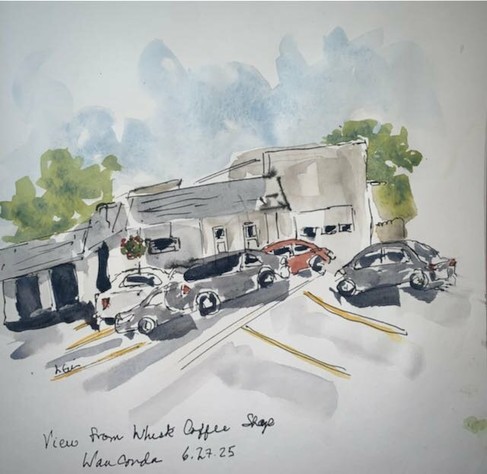 This is an urban sketch of the parking lot in front of an auto repair shop.