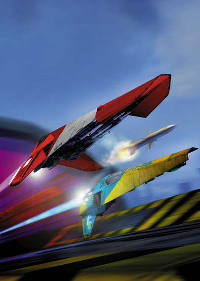 A pair of anti-gravity racers from the video game Wipeout. A missile is also visible between them. There is the implication of incredibly high speeds.