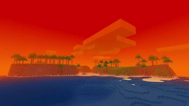 A tropical landscape at the ocean with a red-orange sky and a palm island in the distance.