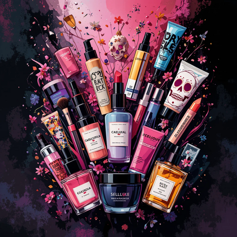 Ilustración de varios productos de belleza y maquillaje dispuestos de manera artística sobre un fondo oscuro con flores, destacando una variedad de envases coloridos.
