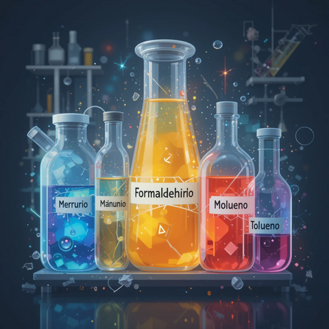 Botellas de laboratorio con líquidos de diferentes colores etiquetadas con nombres de sustancias tóxicas como formaldehído, mercurio y tolueno.