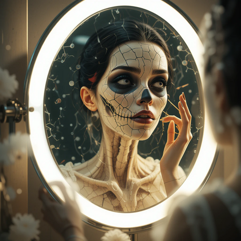 Mujer con maquillaje de calavera frente a un espejo iluminado, mostrando detalles de un diseño artístico y dramático en su rostro.