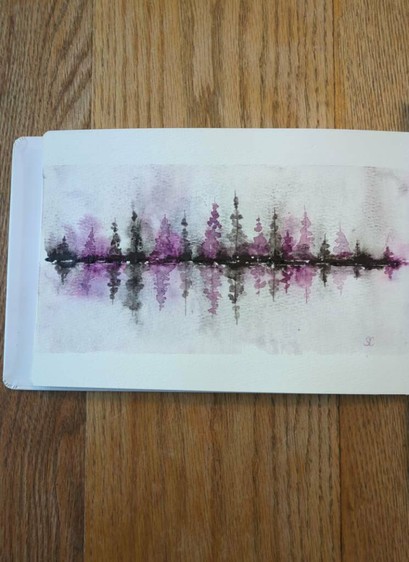This is a Reflective Atmospheric Watercolor Landscape in landscape orientation in a rectangular composition.  Using Daniel Smith Bloodstone Genuine and Rose of Ultramarine. Masstone is focused along the tree line which is then diluted above and below the tree line in to bursts of medium values which is then pulled out further to light values.  Bloodstone Genuine has gritty dark brown color and granulation which is quite evident in the lighter values. Rose of Ultramarine, a red purple, splits out into blue and pink in the more in the medium values. The evergreen trees span the distance with taller ones in the center and shorter towards the sides.