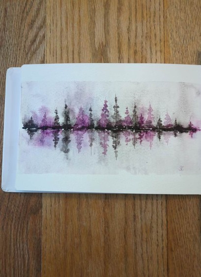 This is a Reflective Atmospheric Watercolor Landscape in landscape orientation in a rectangular composition.  Using Daniel Smith Bloodstone Genuine and Rose of Ultramarine. Masstone is focused along the tree line which is then diluted above and below the tree line in to bursts of medium values which is then pulled out further to light values.  Bloodstone Genuine has gritty dark brown color and granulation which is quite evident in the lighter values. Rose of Ultramarine, a red purple, splits out into blue and pink in the more in the medium values. The evergreen trees span the distance with taller ones in the center and shorter towards the sides.