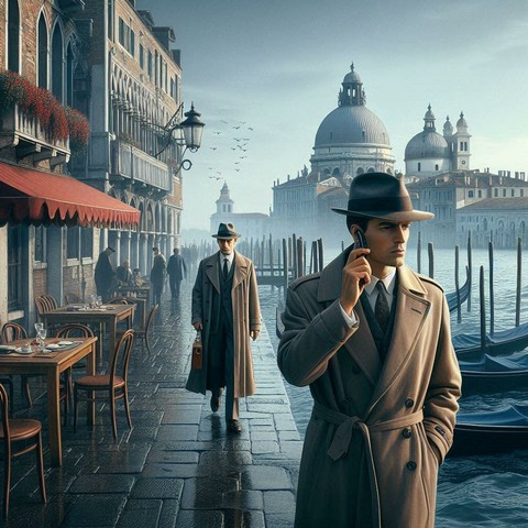 Straßenszene in Venedig bei bewölktem Himmel: Im Vordergrund steht eine Person im beigen Trenchcoat mit schwarzem Hut, die telefoniert. Im Hintergrund läuft eine weitere Person mit Aktenkoffer über das Kopfsteinpflaster. Links sind Cafétische unter einer roten Markise, rechts fließt ein Kanal mit Gondeln. Historische Gebäude und Kuppeln zeichnen sich in der Ferne ab, am Himmel fliegen Vögel.