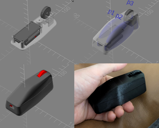 A split view of four stages of development:
1. component layout with microcontroller, a lithium battery under it, and a scroll wheel forward of both
2. a view of the shell outline, showing padding objects 
3. a view of the assembled shell, with a dividing line between top and bottom
4. the 3D-printed item (human hand for scale)
