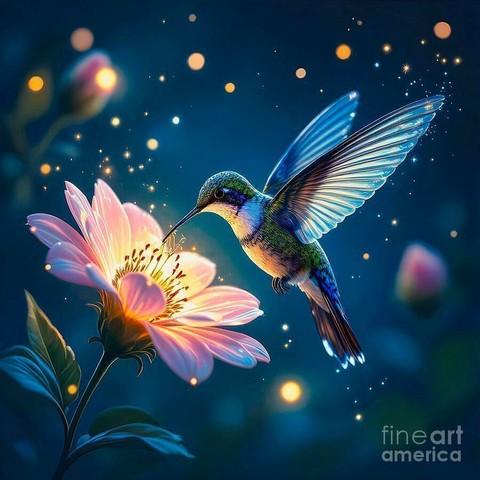 This image beautifully captures a magical moment of a vibrant hummingbird feeding from a glowing pink flower. The hummingbird, with iridescent green and blue feathers, its delicate wings shimmering with intricate detail.

The flower radiates a soft, ethereal light from its center, with golden sparkles floating around the scene, adding a dreamlike, almost enchanted atmosphere. The background is softly blurred in deep blue tones, with hints of other flowers and glowing bokeh lights, emphasizing the focus on the bird and the flower. The overall mood is peaceful, vibrant, and slightly whimsical, evoking a sense of wonder and natural beauty.

by Kaye Menner
https://kaye-menner.pixels.com/featured/enchanted-hummingbird-at-twilight-by-kaye-menner-kaye-menner.html

THE FINE ART AMERICA LOGO WILL NOT APPEAR ON PURCHASED PRINTS OR PRODUCTS.