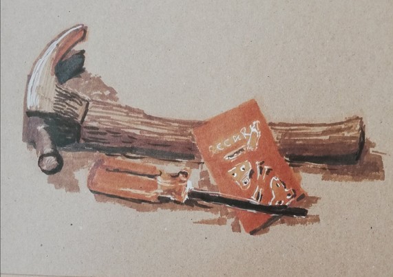 Sepia toned sketch of hammer, screwdriver, and a card of mirror plates.