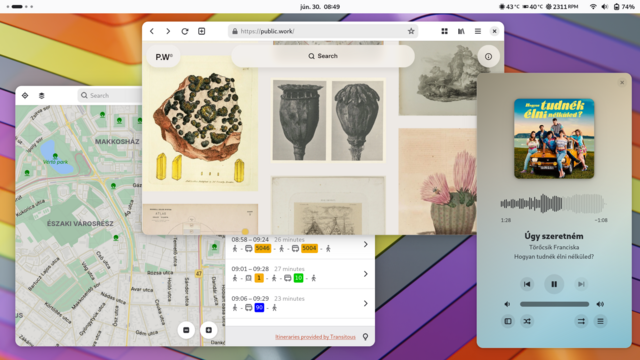 Screenshot of a GNOME desktop on Fedora, featuring the light styled top bar and one of the Pride Month wallpapers. On top of it there is a route plan in the Maps app, a website showing beautiful public domain images, and a song with a colorful album cover playing in the Amberol music player.