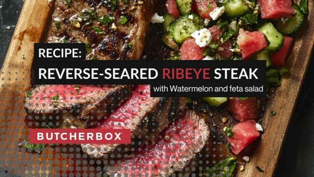 Reverse-Seared Ribeye Steak with Watermelon and feta salad