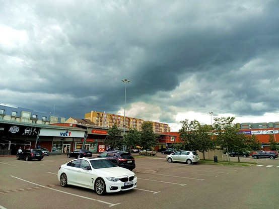 View over a not very full parking lot surrounded by shops. The sky has dark clouds, pregnant with rain. In the distance, some old apartment blocks for cage farmed humans. The only green thing in sight are a few juvenile Linden trees on the parking lot.